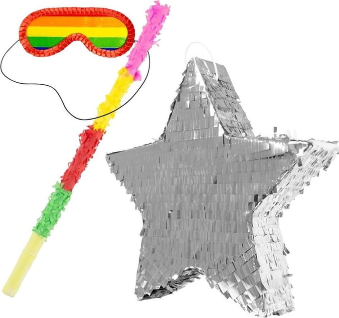 Pinata Zilver Ster 45cm + Pinata Stok + Pinata Blinddoek