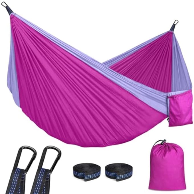 Draagbare buitenhangmat - Extra groot formaat - Roze - Stevig nylon - Inclusief bevestigingsset