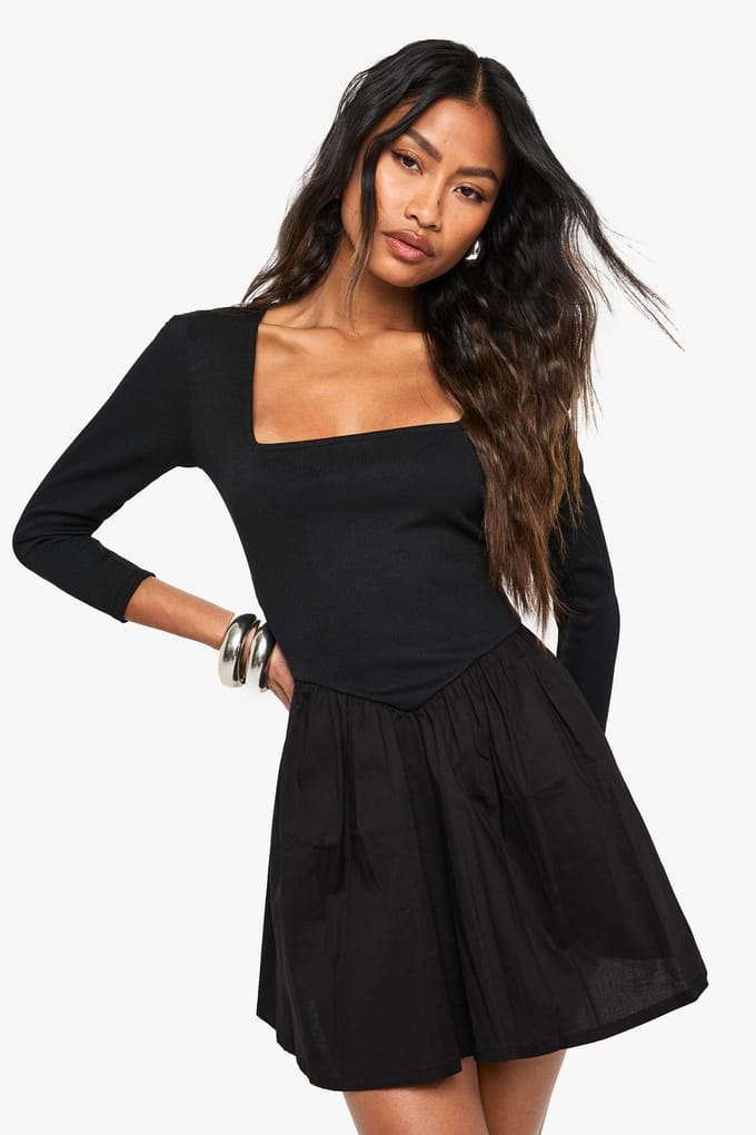 boohoo Dames Jersey Rib Cotton Mix Langarm Mini Jurk | Black | Maat: 8