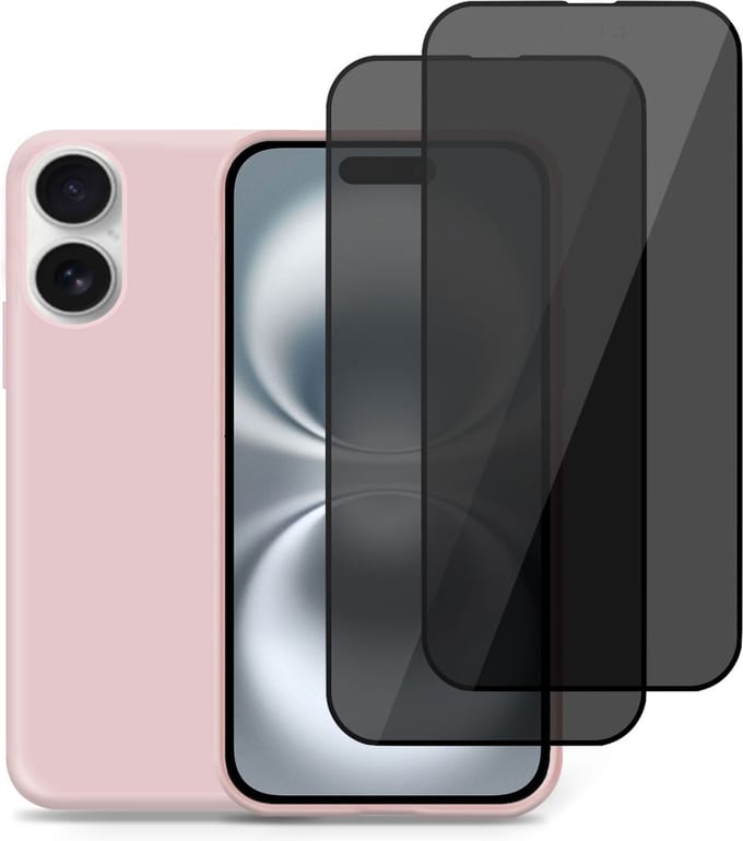 Hoesje + 2x Privé Screenprotector geschikt voor Apple iPhone 16 – Privacy Tempered Glass - Back Case Cover Roze