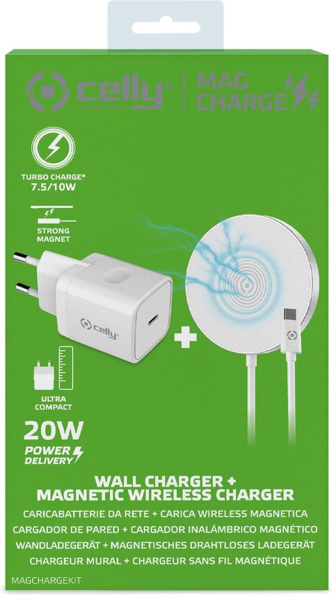 Celly MagCharge Draadloze Oplader - Met USB Adapter - 20W Wireless Charger geschikt voor o.a. iPhone en Samsung - Wit