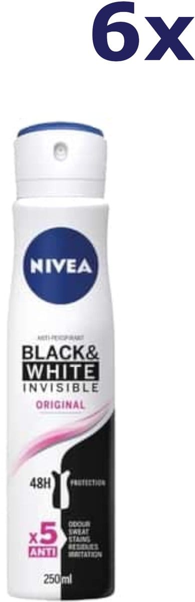 Nivea Black & White Invisible Deodorant Spray XL - 6 x 250 ml