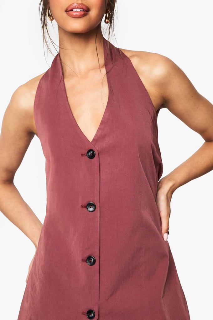 boohoo Dames Halternek Lang gesneden Getailleerd Vest | Mahonie | Maat: 40