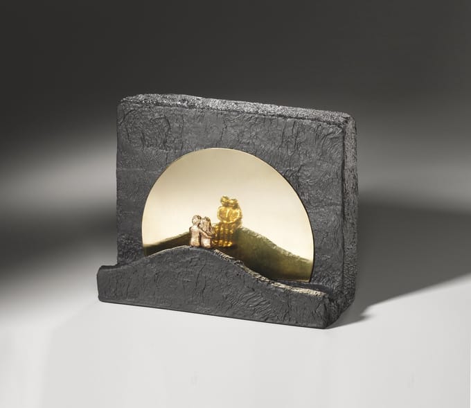 sculptuur stilte - 2 mensen bij zonsondergang bronzen beeld - stenen sokkel - ECHT BRONS - handwerk
