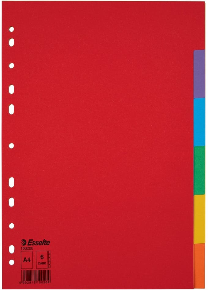20 x Tabbladen Esselte A4 11R karton 6-delig gekleurd (zonder voorblad)