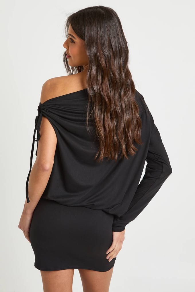 boohoo Dames Soft Touch Draperende Schouder Mini Jurk | Zwart | Maat: 36
