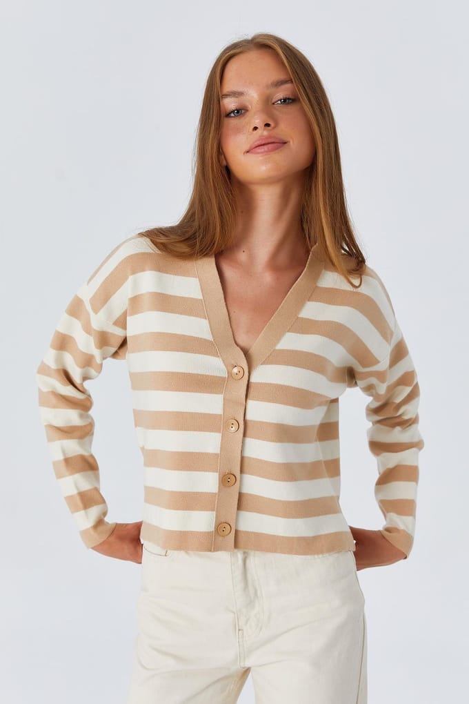 Gestreepte V-hals Knopen Cardigan