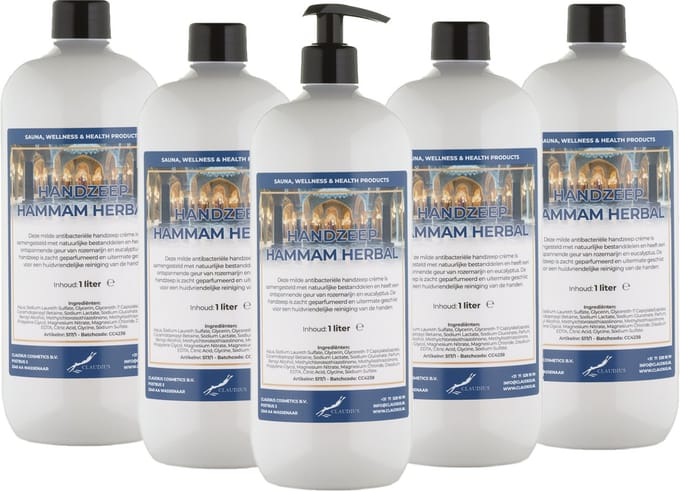 Handzeep Hammam Herbal 1 liter - met gratis pomp - set van 5 stuks - Voordeelverpakking