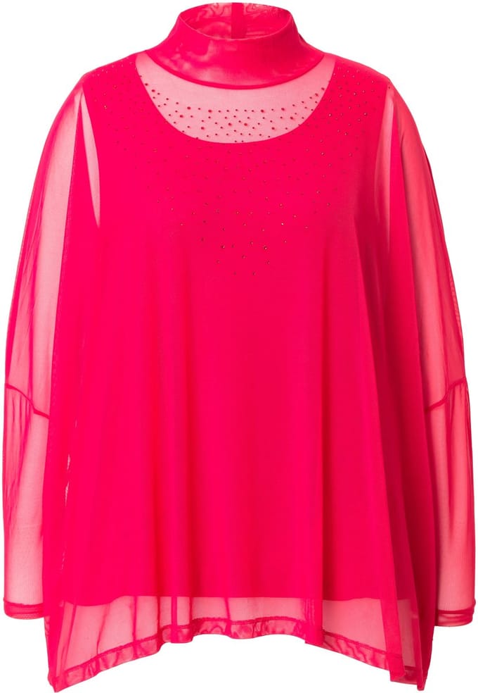 MIAMODA - Dames - Blouse oversized mesh glittersteentjes top - Neonrood - Maat 54+