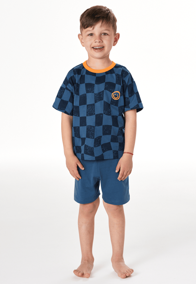 Korte pyjama met smiley-ruitjes, atlantisch blauw - Kids Nightwear 92