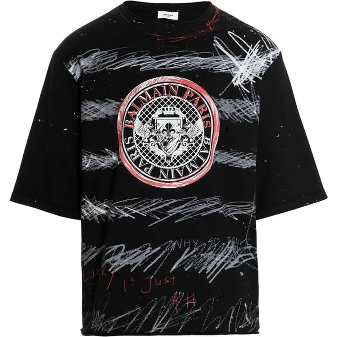 Balmain Paris Graffiti Coin Logo Zwart T-shirt
