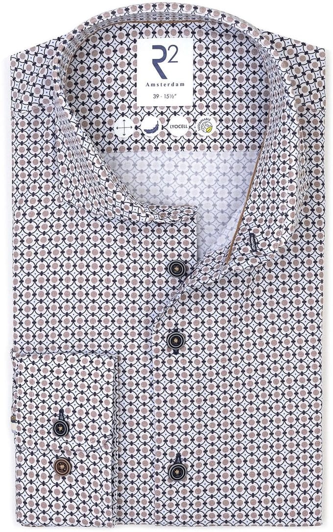 R2 Overhemd Poplin Graphical Print Beige Blue - Maat 46 - Heren - Overhemden Formeel