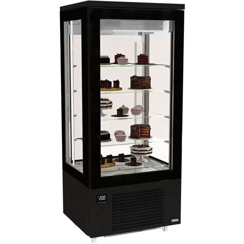 GGM Gastro Panoramische koelvitrine - 400 liter - 800mm - 1 glazen deur - met 4 glazen plateaus - zwart zwart