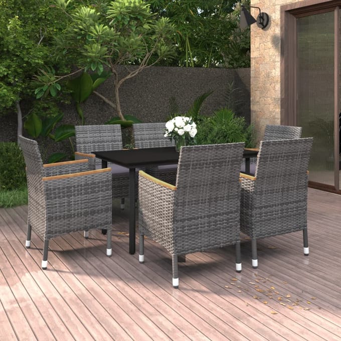vidaXL - 7-delige - Tuinset - met - kussens - poly - rattan - en - glas