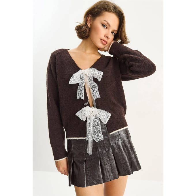 Gebreide V-hals Cardigan met Kantstriksluiting