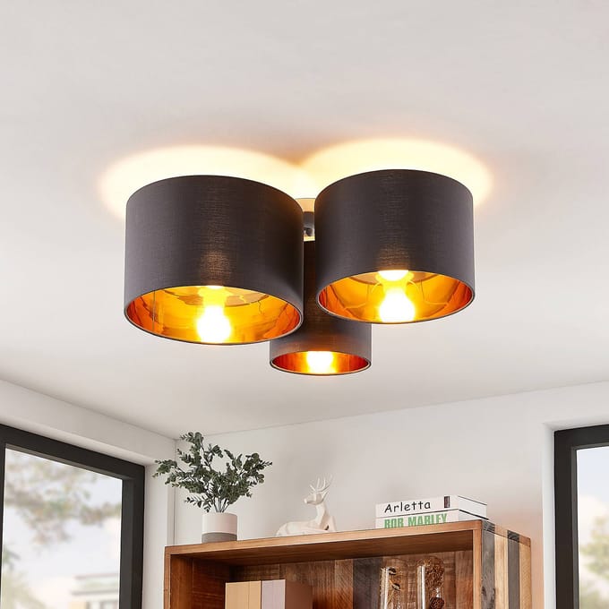 Lindby - plafondlamp - 3lichts - Stof, metaal - H: 24.5 cm - E27 - grijs, goud
