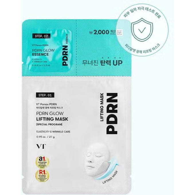 Masque Liftant Glow PDRN VT 1 Feuille (27g) + Essence éclat 1,5 ml (Lot de 10 pièces) blue