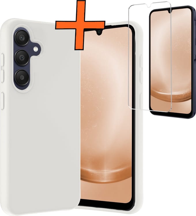 Hoes - Met Screenprotector - Geschikt voor Samsung Galaxy A25 - Sterk & Shockproof - Back Cover - Siliconen Case - Telefoon Hoes - Wit