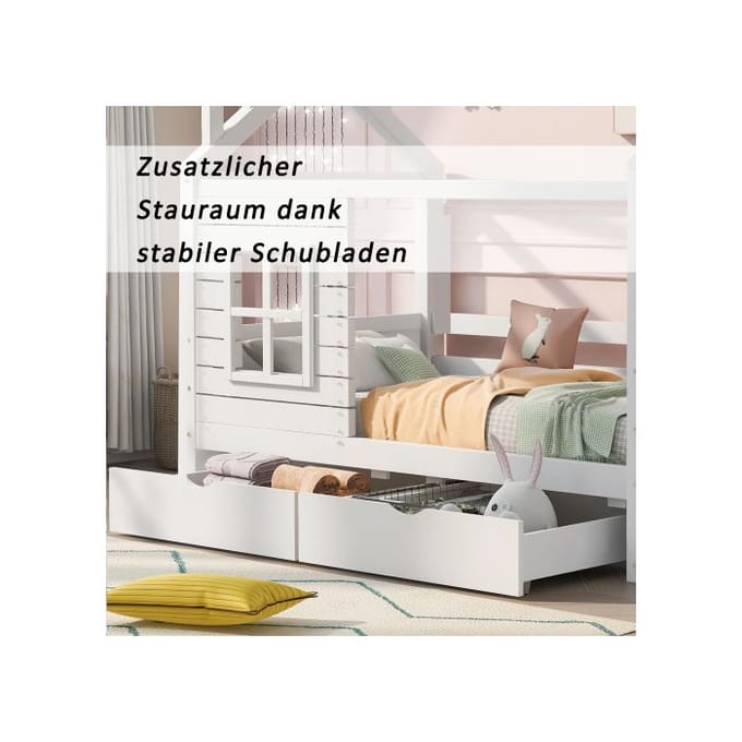 Juniorbed - MUVOE - 90x200 cm - Massief hout - Met lades - Wit wit