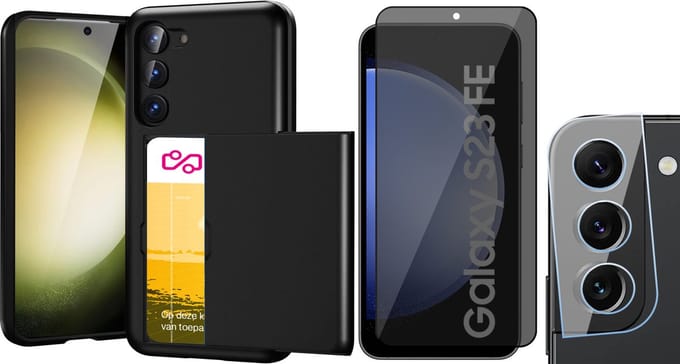 Hoesje met Pasjeshouder geschikt voor Samsung Galaxy S23 FE - Privacy Screenprotector FullGuard & Camera Lens Screen Protector - Back Cover SlideCase Zwart