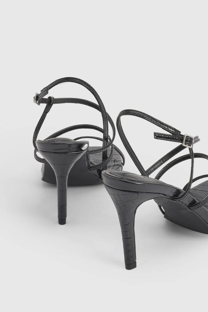 boohoo Dames Wijde Pasvorm Croco Mid Stiletto Barely There 2-delige Hakken | Zwart | Maat: 38