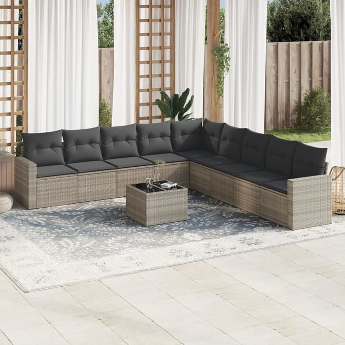 vidaXL - 10-delige - Loungeset - met - kussens - poly - rattan - lichtgrijs