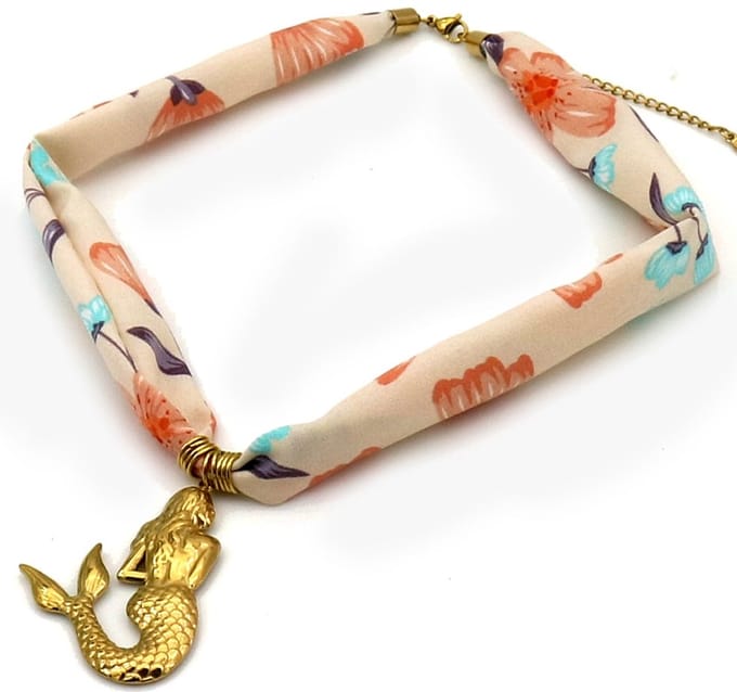 Ketting - stof met RVS zeemeermin - 40-45 cm