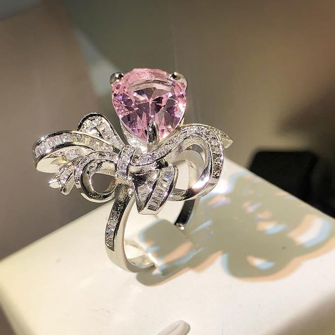 Bague nœud en zircon rose simulé carat, accessoires de fiançailles de luxe pour célébrités Adjustable opening gray