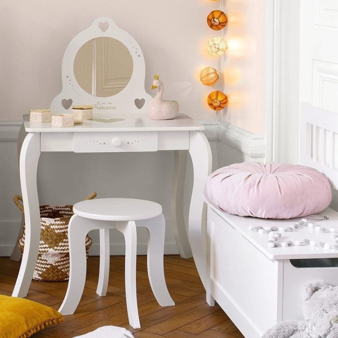 Atmosphera Sisi Kaptafel - make up - visagie - tafel - design kinderkamer - meisje - met krukje - 71,5 x 50,5 x 91 cm - Wit
