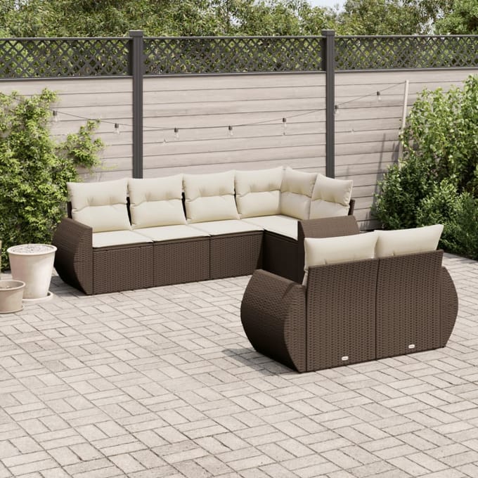 vidaXL - 7-delige - Loungeset - met - kussens - poly - rattan - bruin
