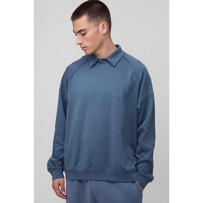 Oversized Premium Placketless Interlock Raglan Sleeve Polo T-Shirt | Slate | Size Medium