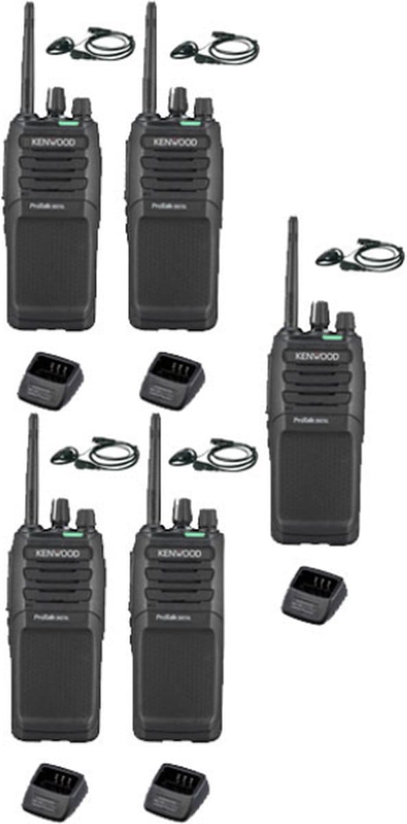 Set van 5 Kenwood TK-3701D IP55 Portofoon met D-shape oortje en tafellader