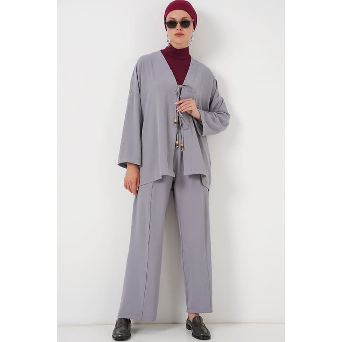 Geweven V-hals Lange Cardigan en Broek Set