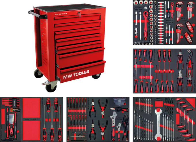 Gevulde rode gereedschapswagen STARTER 212-delig MW Tools MWE211R