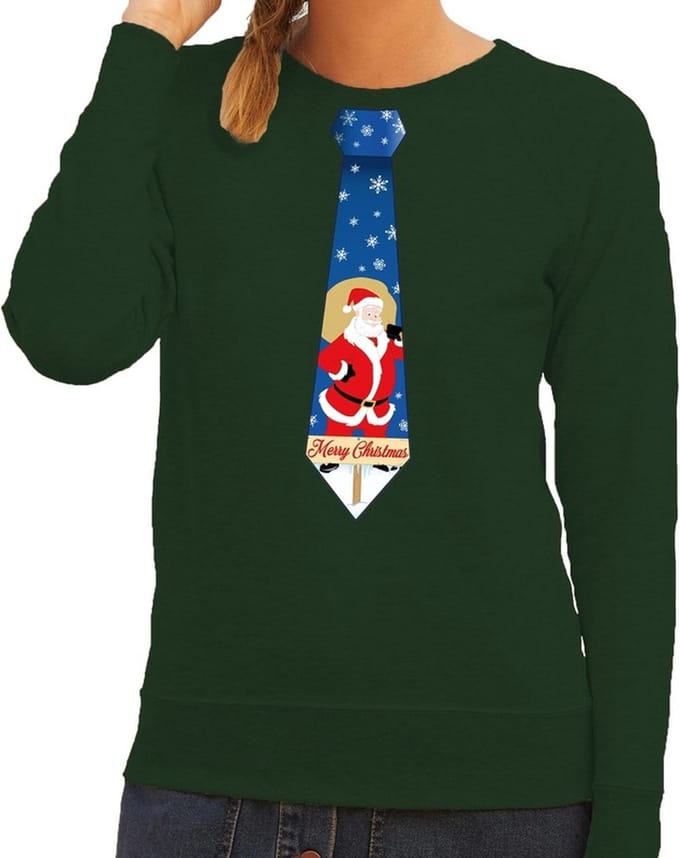 Foute kersttrui / sweater stropdas met kerstman print groen voor dames M