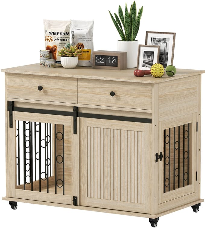 Pawhut Dog Cage-MDF, Staal-100L x 56B x 81H cm-Eiken