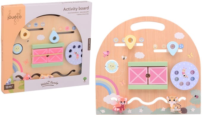 Joueco - activiteiten bord - houten activity centre baby - met schuif dieren