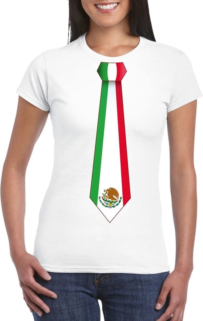 Wit t-shirt met Mexicaanse vlag stropdas dames - Mexico supporter M