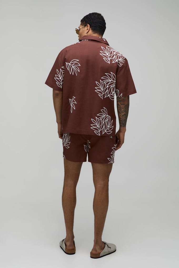 Oversized Linnen Shirt Met Palmboom Borduursel & Relaxed Short Set | Chocolate | Size Medium