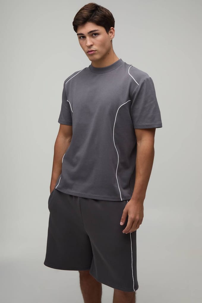 T-shirt En Baggy Short Set Met Contrasterende Biesjes En Panelen In Regular Fit | Charcoal | Size Medium