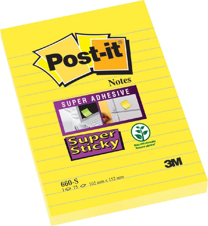 Memoblok Post-it 660 Super Sticky 102x152 geel met lijn 75 vel | 6 stuks