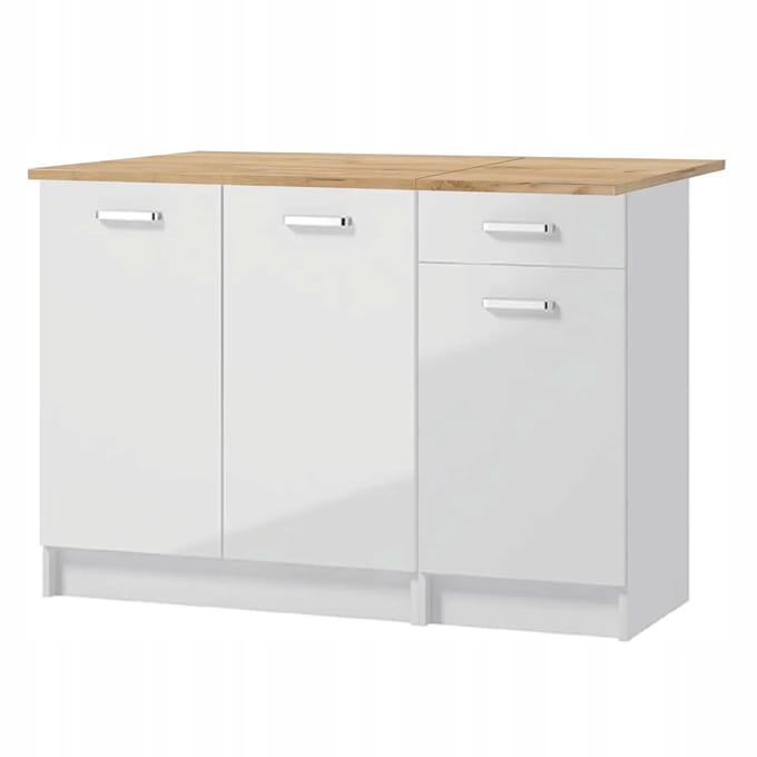 STAMAR - Keukenkastenset 120 cm - hoogglans wit - met goud eiken werkblad
