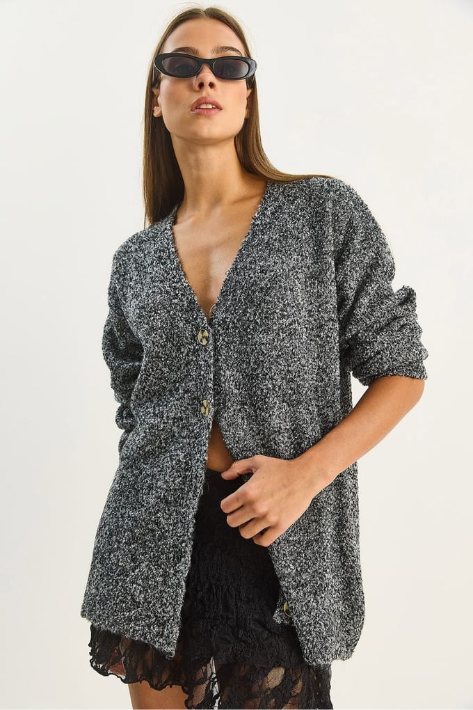 Gestructureerde V-hals Knopen Cardigan