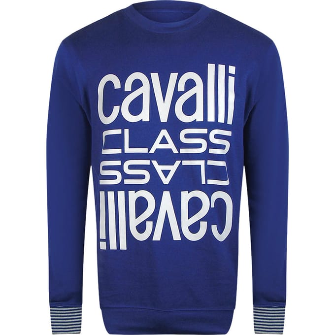 Cavalli Class Bold Multi Logo Irisblauwe Ronde Hals Sweatshirt