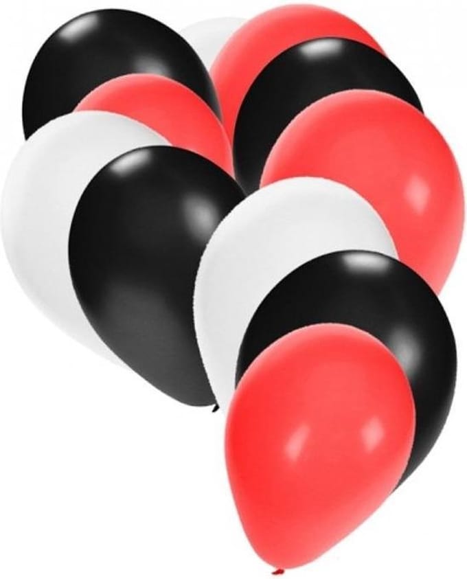 Shoppartners party ballonnen - wit/zwart/rood - 30x stuks - feestartikelen - versiering - 27 cm