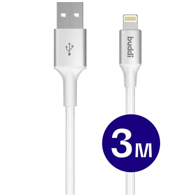 Buddi Flex | USB-A naar Lightning Kabel 12W Fast Charge | 480Mbps Dataoverdracht | Gevlochten Nylon | 3M | 3 Meter | Wit