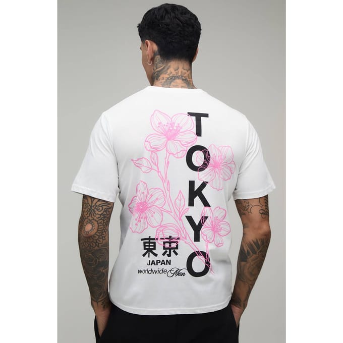 Lang Wit Oversized T-shirt Met Tokyo Bloemenprint | White | Size XL