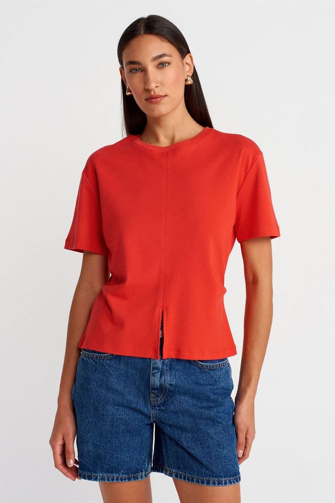 Dames Katoenen Crew Neck T-Shirt Met Splits