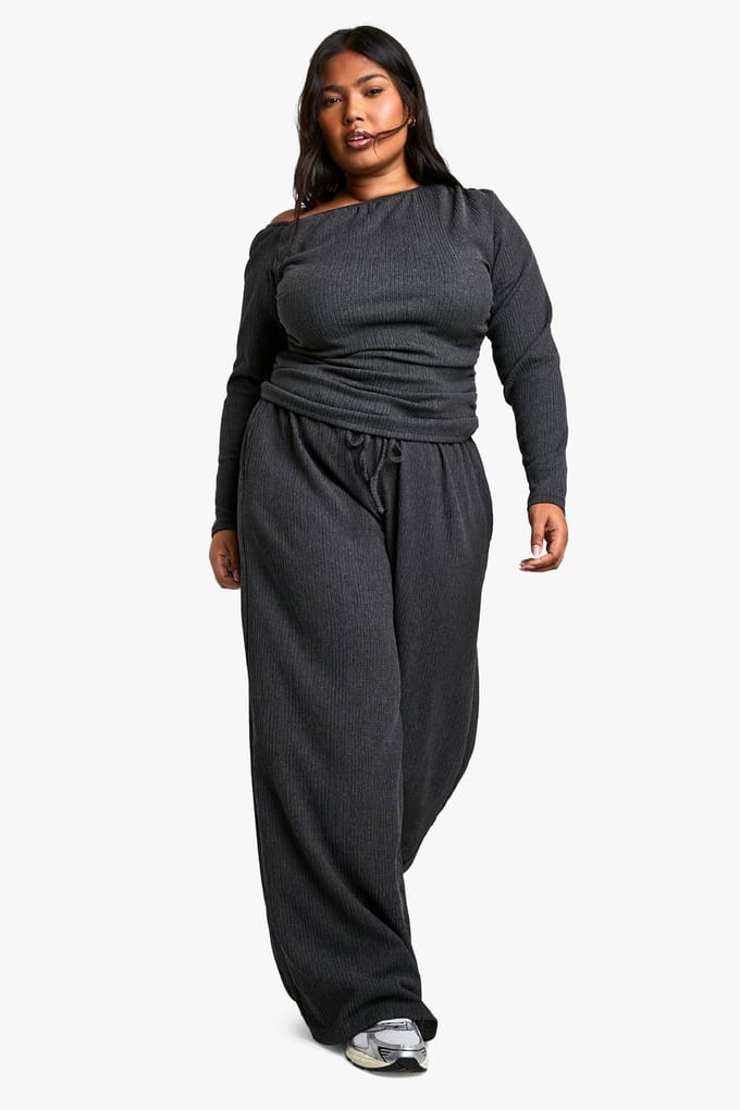 boohoo Dames PLUS GETEXTUREERDE BROEK MET TREKKOORDTAILLE | Charcoal | Maat: 18