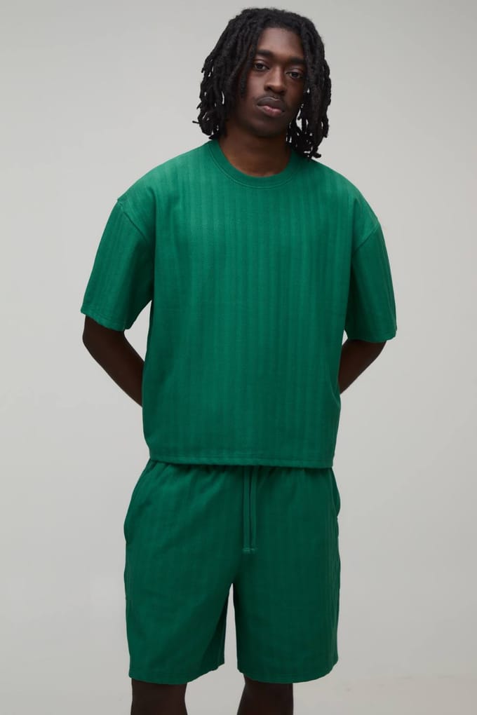 Oversized Shrunken Jacquard Gestreept T-shirt & Baggy Shorts Set | Green | Size Medium